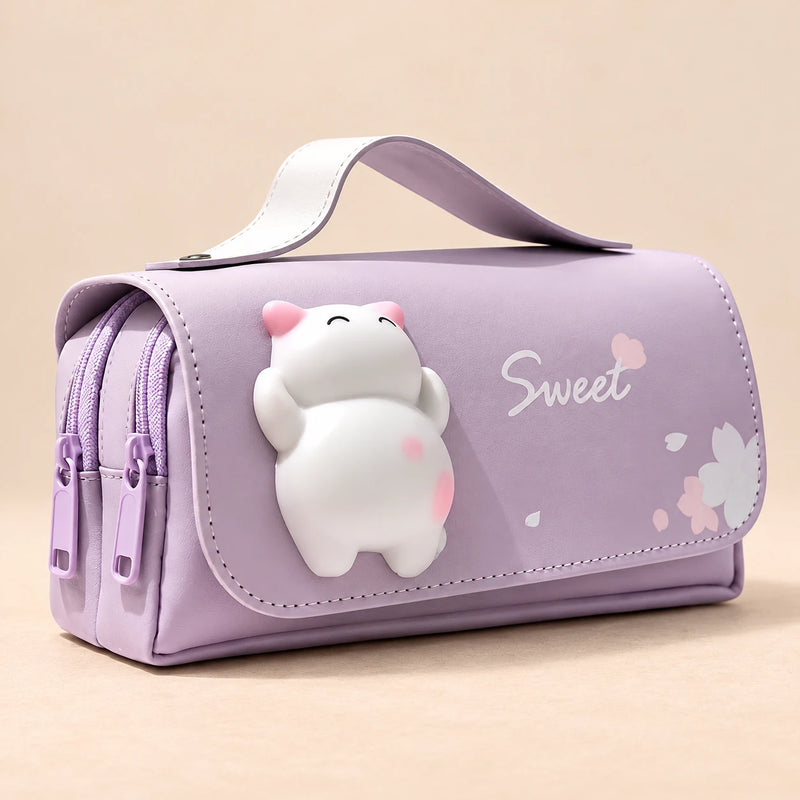 BuddyPack Large Pencil Case. Purple Cat Buddy. Clean product photograph on a warm beige studio surface.