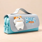 BuddyPack Large Pencil Case. Sky Blue Bunny Buddy. Clean product photograph on a warm beige studio surface.