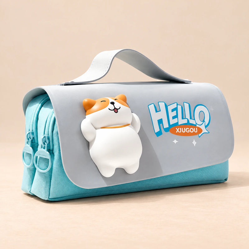 BuddyPack Large Pencil Case. Sky Blue Bunny Buddy. Clean product photograph on a warm beige studio surface.