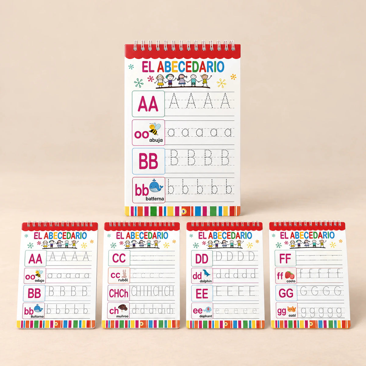 Bilingual Magic Writing Workbook. Spanish Alphabet Practice. Clean product photograph on a warm beige studio surface.