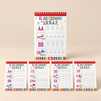 Bilingual Magic Writing Workbook. Spanish Alphabet Practice. Clean product photograph on a warm beige studio surface.