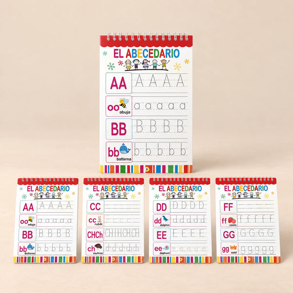 Bilingual Magic Writing Workbook. Spanish Alphabet Practice. Clean product photograph on a warm beige studio surface.
