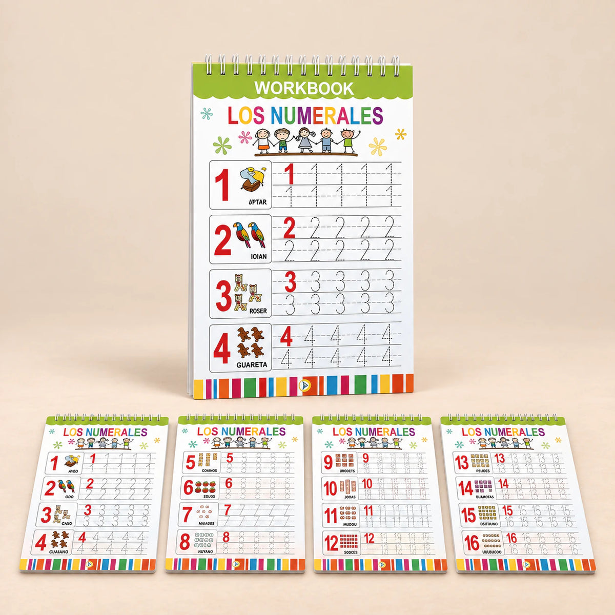 Bilingual Magic Writing Workbook. Spanish Numbers Practice. Clean product photograph on a warm beige studio surface.