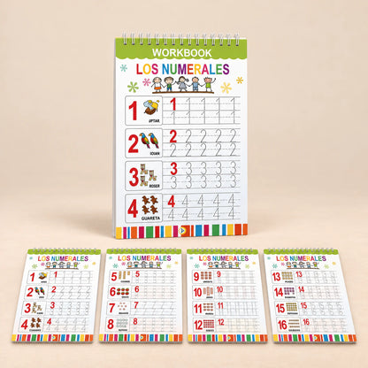 Bilingual Magic Writing Workbook. Spanish Numbers Practice. Clean product photograph on a warm beige studio surface.