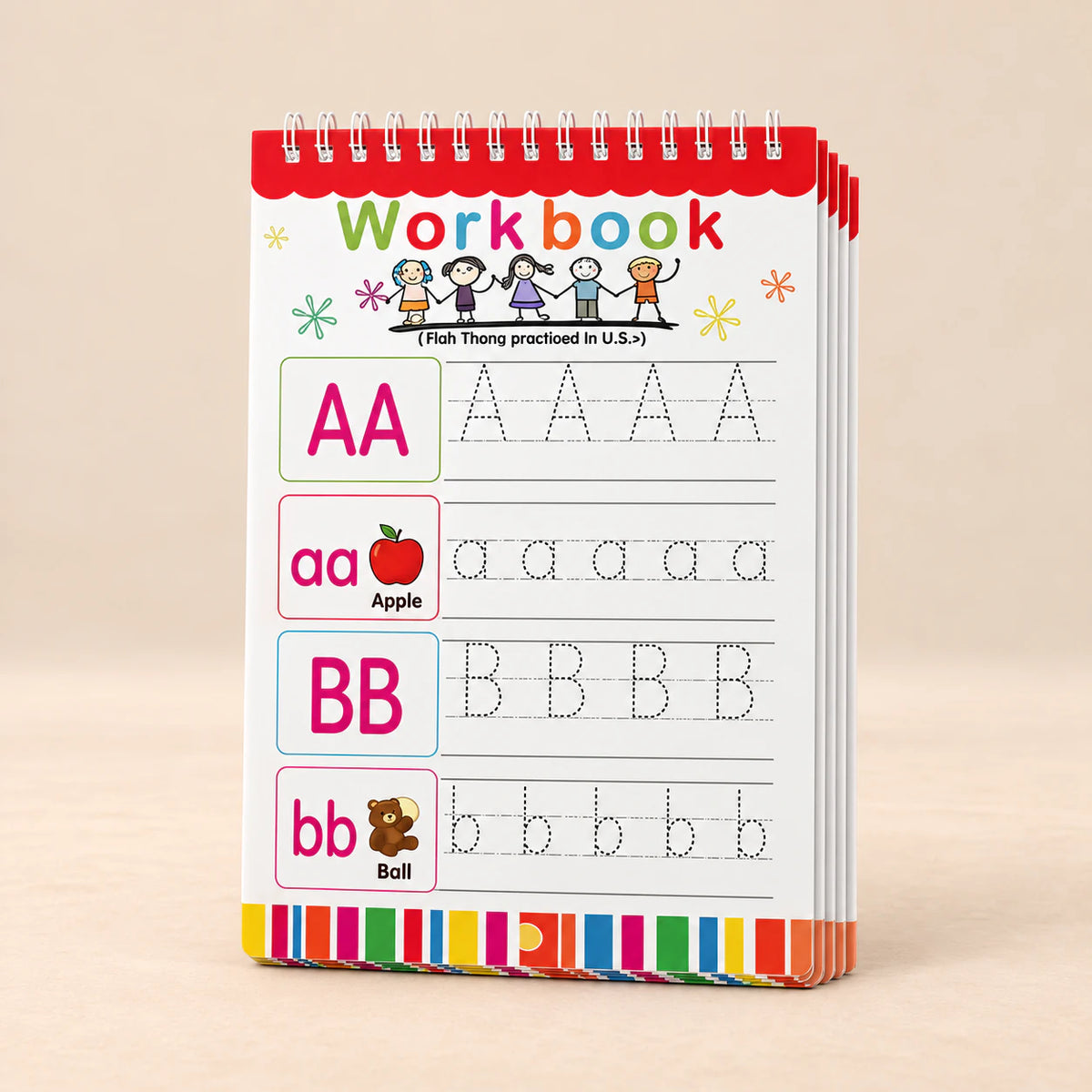Bilingual Magic Writing Workbook. English Alphabet Practice. Clean product photograph on a warm beige studio surface.