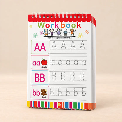Bilingual Magic Writing Workbook. English Alphabet Practice. Clean product photograph on a warm beige studio surface.