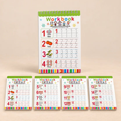 Bilingual Magic Writing Workbook. English Numbers Practice. Clean product photograph on a warm beige studio surface.