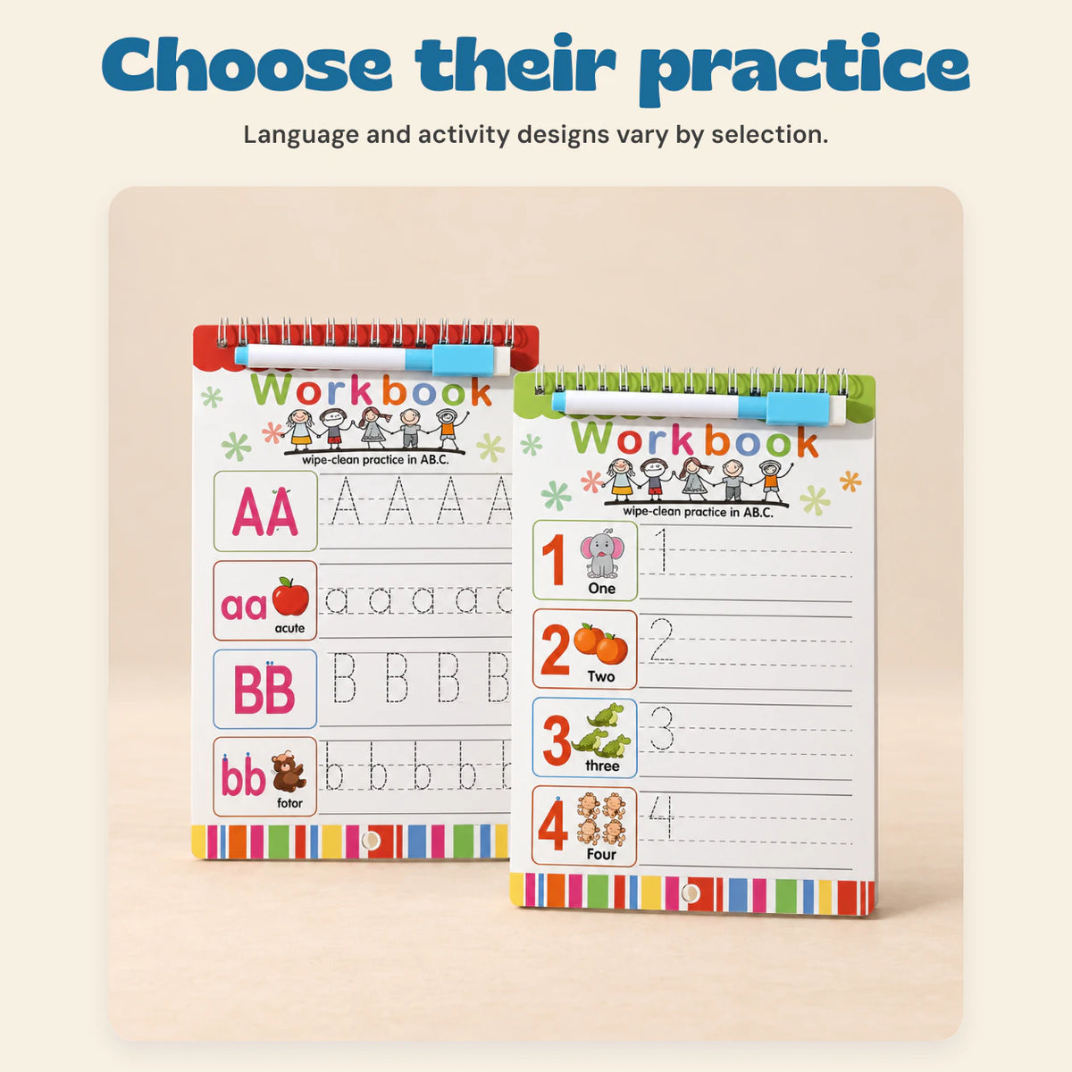 Bilingual Magic Writing Workbook. Choose their practice. Language and activity designs vary by selection.