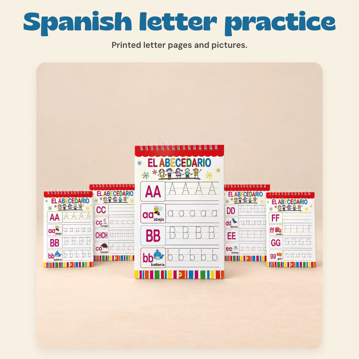 Bilingual Magic Writing Workbook. Spanish letter practice. Printed letter pages and pictures.