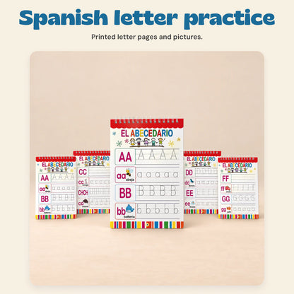 Bilingual Magic Writing Workbook. Spanish letter practice. Printed letter pages and pictures.