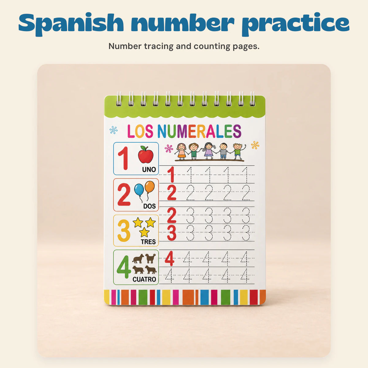 Bilingual Magic Writing Workbook. Spanish number practice. Number tracing and counting pages.