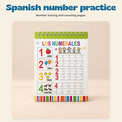 Bilingual Magic Writing Workbook. Spanish number practice. Number tracing and counting pages.