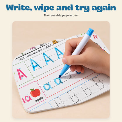Bilingual Magic Writing Workbook. Write, wipe and try again. The reusable page in use.