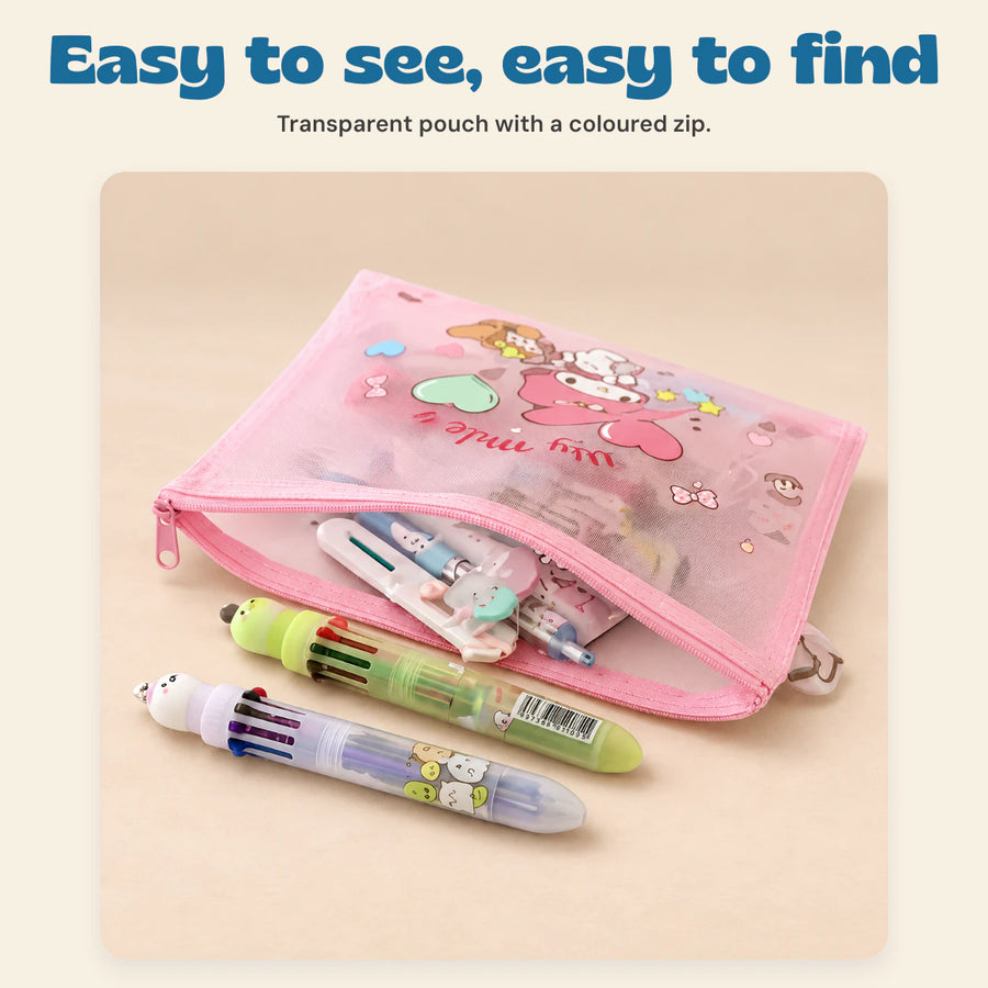 Kawaii School Supply Pouch. Easy to see, easy to find. Transparent pouch with a coloured zip.