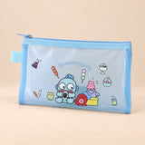 Kawaii School Supply Pouch. Sky Puppy Pouch. Clean product photograph on a warm beige studio surface.