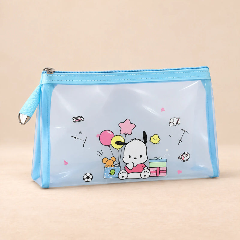 Kawaii School Supply Pouch. Blue Bunny Pouch. Clean product photograph on a warm beige studio surface.
