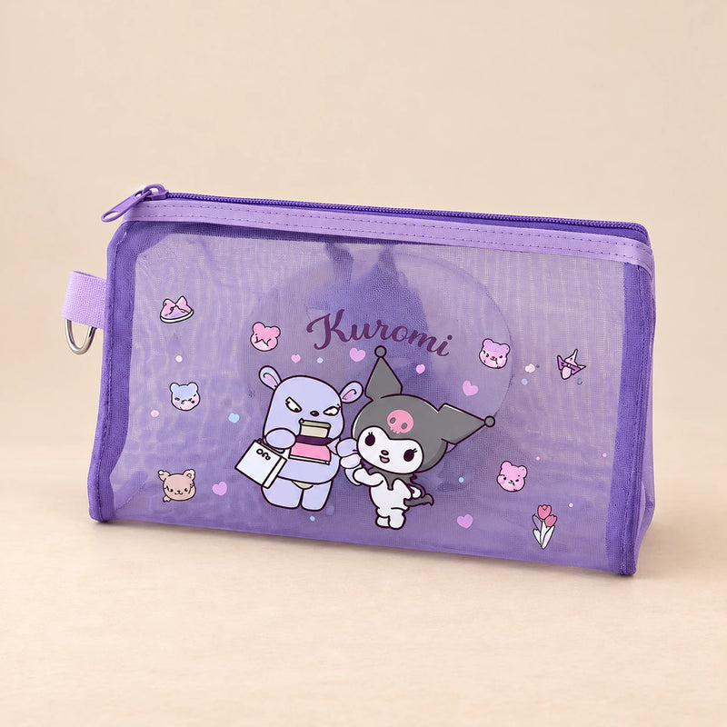 Kawaii School Supply Pouch. Purple Kuromi Pouch. Clean product photograph on a warm beige studio surface.