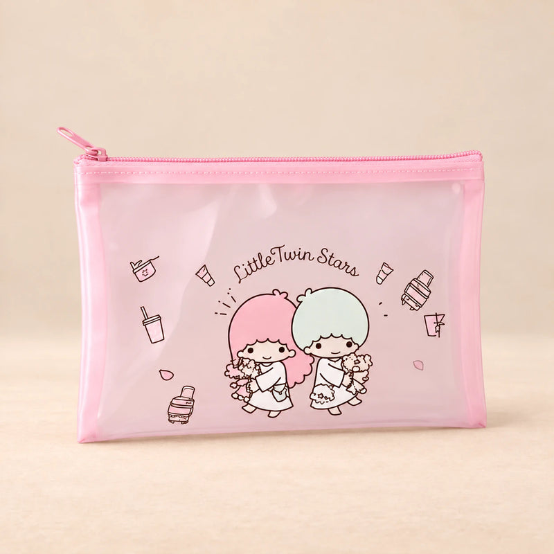 Kawaii School Supply Pouch. Pink Besties Pouch. Clean product photograph on a warm beige studio surface.