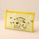 Kawaii School Supply Pouch. Sunny Sanrio Pouch. Clean product photograph on a warm beige studio surface.
