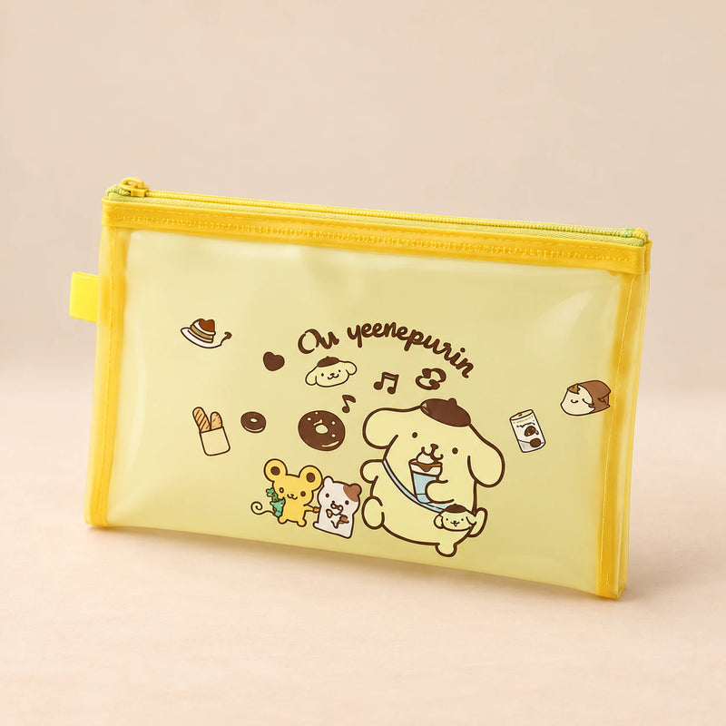 Kawaii School Supply Pouch. Sunny Sanrio Pouch. Clean product photograph on a warm beige studio surface.
