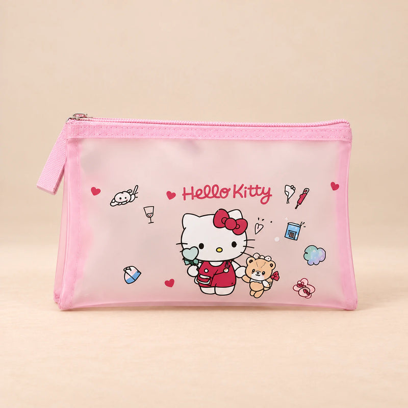 Kawaii School Supply Pouch. Pink Kitty Pouch. Clean product photograph on a warm beige studio surface.