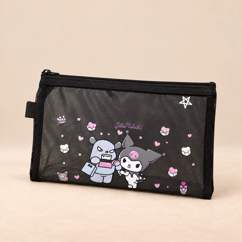 Kawaii School Supply Pouch. Midnight Kuromi Pouch. Clean product photograph on a warm beige studio surface.