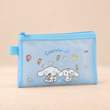 Kawaii School Supply Pouch. Cinnabunny Blue Pouch. Clean product photograph on a warm beige studio surface.