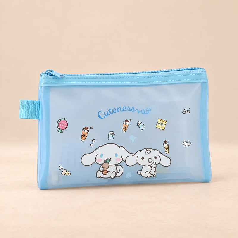 Kawaii School Supply Pouch. Cinnabunny Blue Pouch. Clean product photograph on a warm beige studio surface.