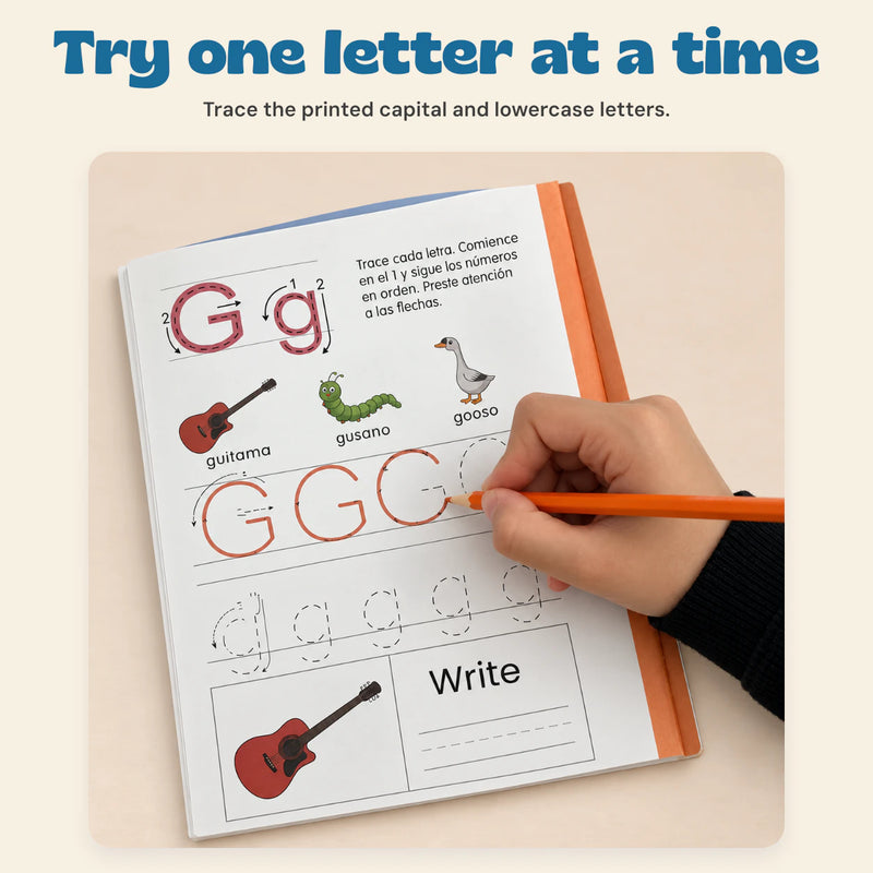Spanish ABC Writing Workbook. Try one letter at a time. Trace the printed capital and lowercase letters.