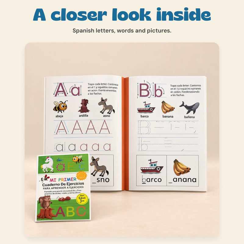 Spanish ABC Writing Workbook. A closer look inside. Spanish letters, words and pictures.