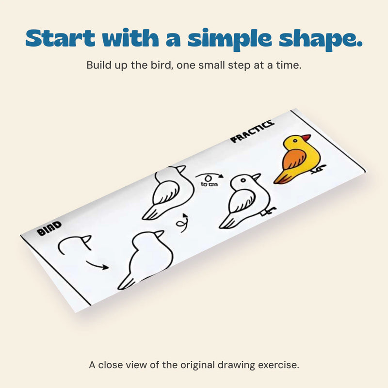 Start with a simple shape. Build up the bird, one small step at a time.
