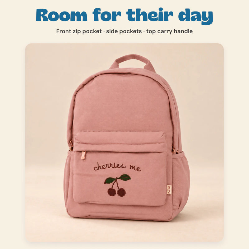 Little Explorer Large Backpack. Room for their day. Front zip pocket · side pockets · top carry handle