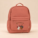 Little Explorer Large Backpack. Bestie Brick Rose. Clean product photograph on a warm beige studio surface.