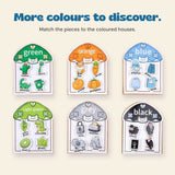 More colours to discover. Match the pieces to the coloured houses.