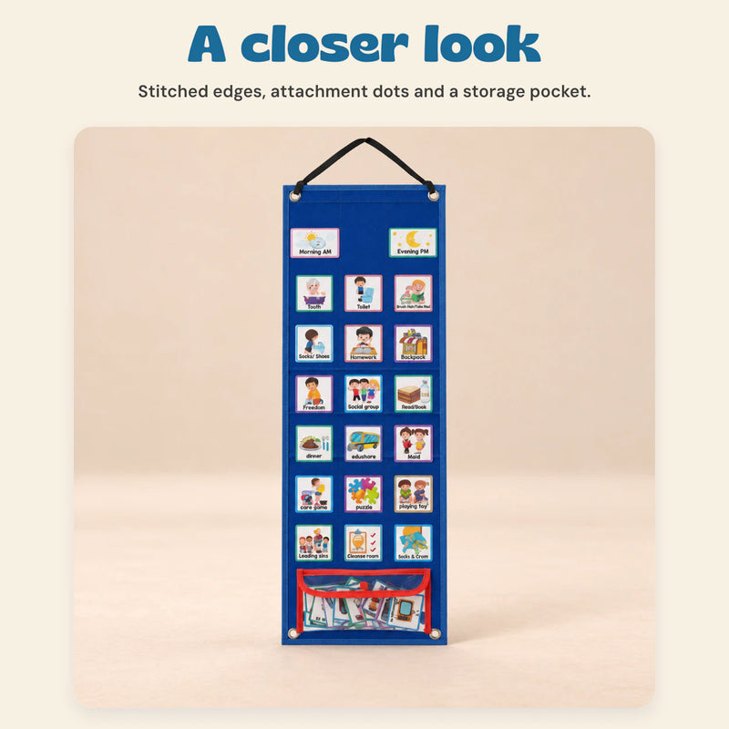 Daily Routine Visual Chart. A closer look. Stitched edges, attachment dots and a storage pocket.