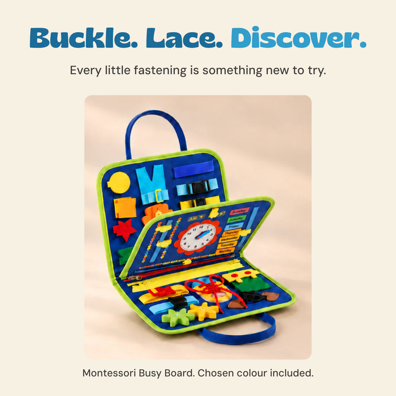 Close view of the standard Dinosaur Blue busy board, showing the actual buckles, clock, zips and lacing activities. Mermaid Pink is another bundle choice.