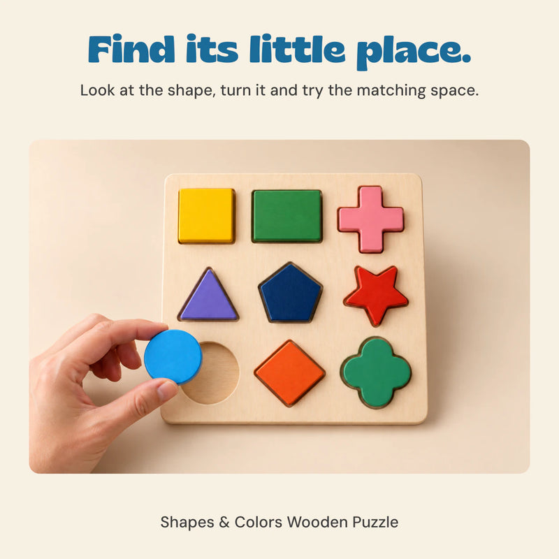 A hand places a colourful wooden piece into its matching space on the nine-piece Shapes and Colors puzzle board.