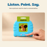 An adult finger presses the button on the blue reader with the exact squirrel picture card inserted.