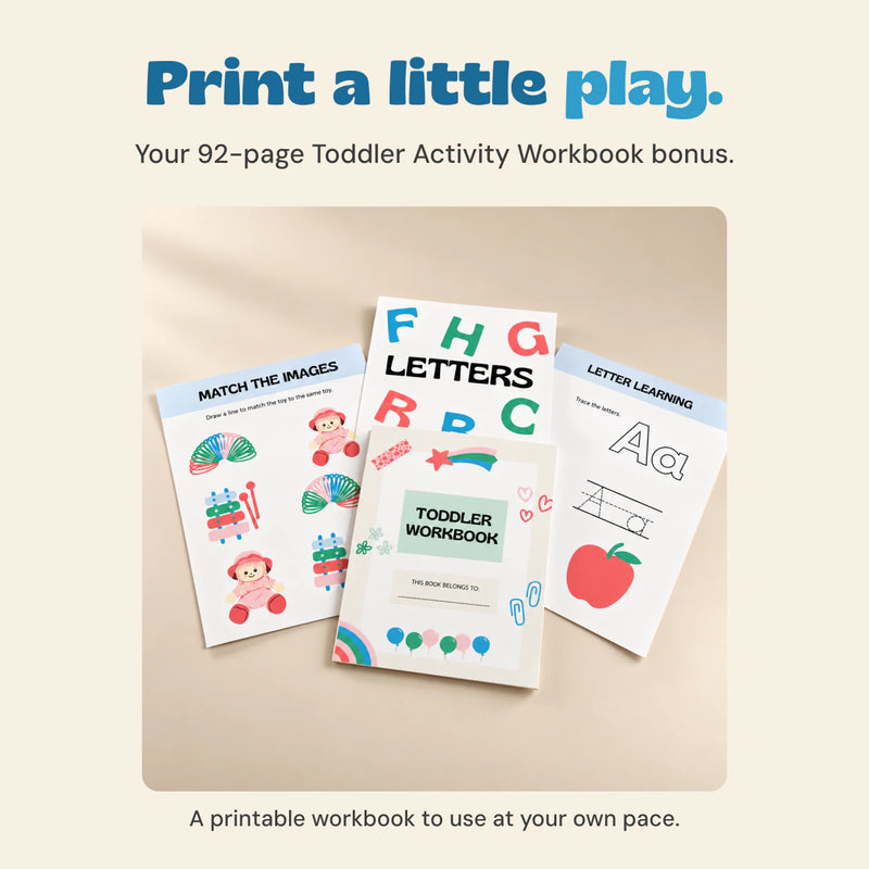 Original Toddler Workbook cover and the supplied matching and letter activity page previews.