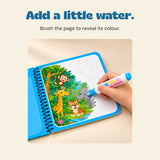 An adult hand uses the blue water pen to reveal the original jungle animal scene with monkey, giraffe, tiger and elephant.