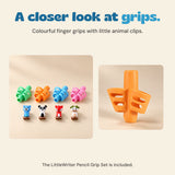 Four colourful pencil grips and four animal clips beside a close-up of an orange grip on a pencil in a hand.