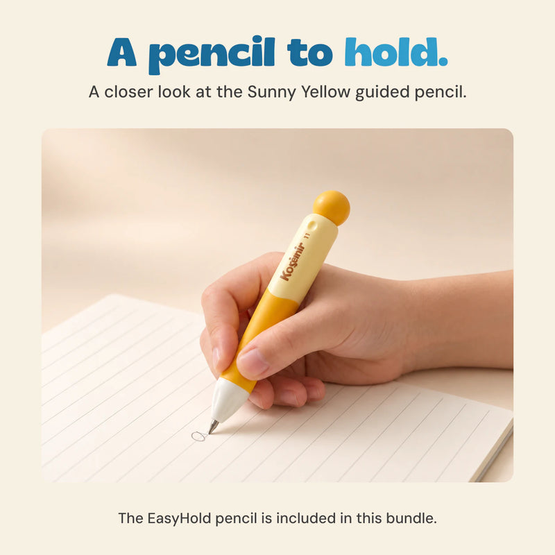 A hand writes on ruled paper with the cream and yellow EasyHold pencil.