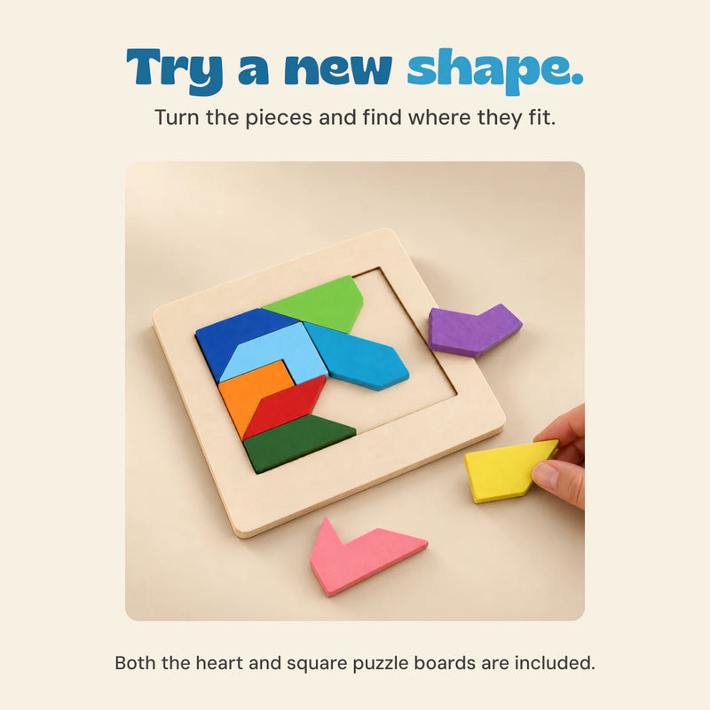 A hand moves a yellow wooden tangram piece beside the square puzzle board on a warm beige surface.