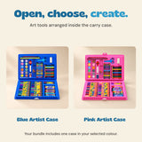 Open blue and pink art cases show the organised paints, pencils, markers and small tools. Choose one case colour.