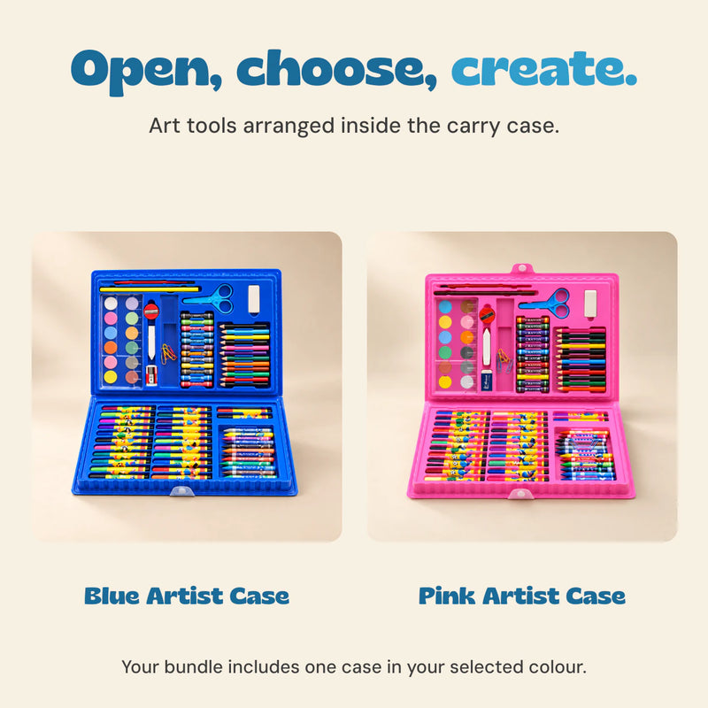 Open blue and pink art cases show the organised paints, pencils, markers and small tools. Choose one case colour.