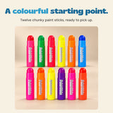 Twelve chunky paint sticks in two rows, showing the bright barrels and rounded colour tips.