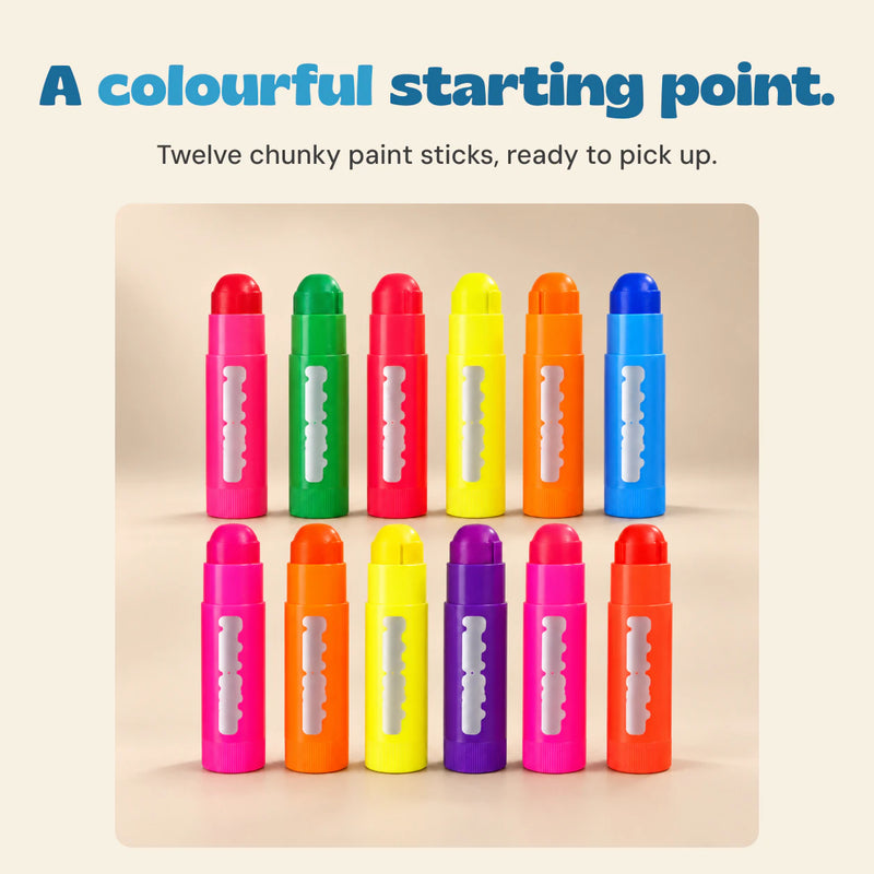 Twelve chunky paint sticks in two rows, showing the bright barrels and rounded colour tips.