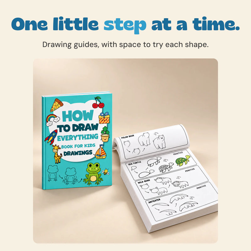The frog drawing workbook cover beside an open animal drawing page with polar bear, sea turtle, wild boar and anteater guides.