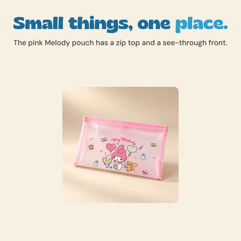 Close-up of the pink Melody stationery pouch with its zipper and printed character artwork.