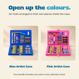Blue and pink open art cases display their paints, pencils, markers and small tools. One selected case comes with the bundle.